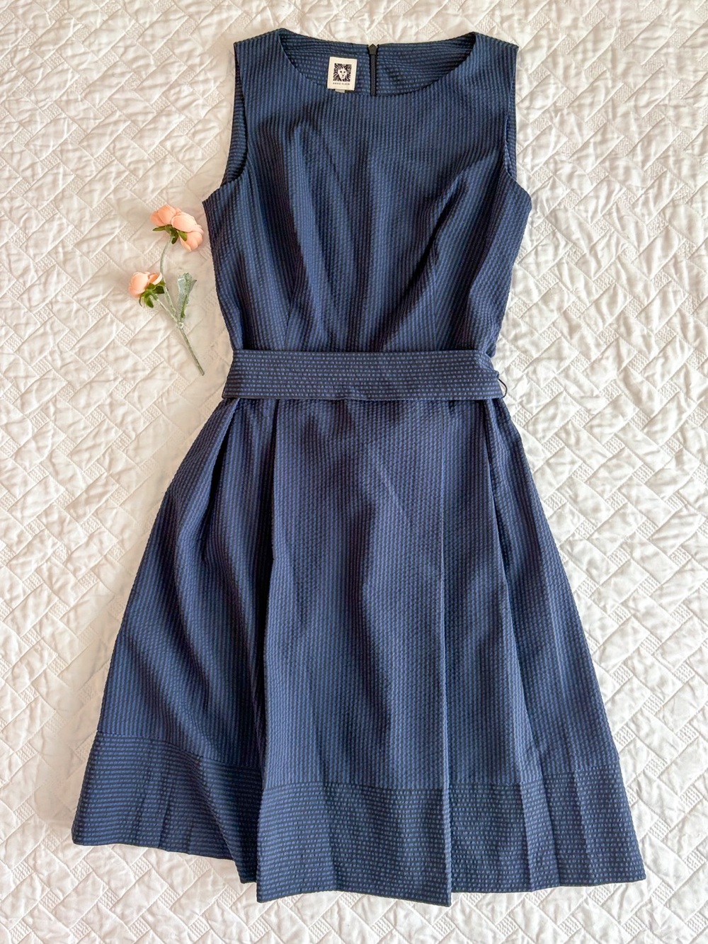 Anne Klein Navy Black Textured Fit & Flare Dress Size 4 Pockets Belted NWOT